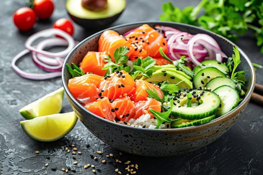 Bowl with salmon, avocado and other ingredients. Healthy food concept.