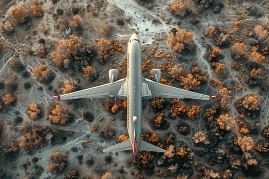 Aerial view of a commercial plane flying over a forest.