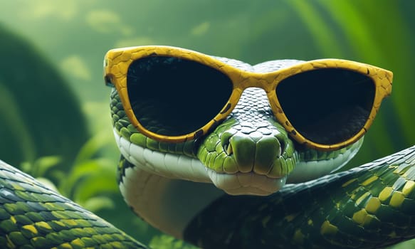 Blue snake with sunglasses on natural background