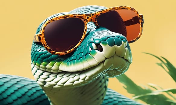 Blue snake with sunglasses on natural background