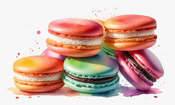 Colorful macaroons with watercolor splashes on white background.