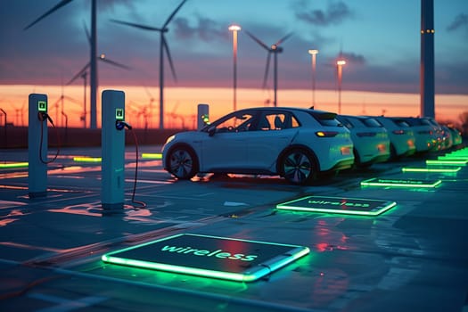 A car parked in a parking lot surrounded by towering wind turbines generating renewable energy.