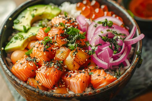 Bowl with salmon, avocado and other ingredients. Healthy food concept.