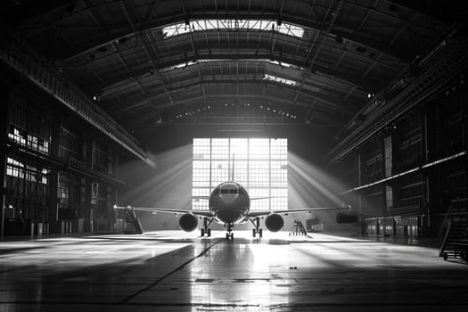 A commercial jetliner rests indoors in a hangar, its massive size dominating the space. Black and white photography.