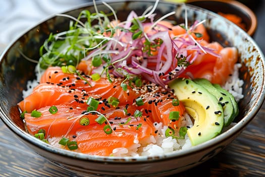 Bowl with salmon, avocado and other ingredients. Healthy food concept.