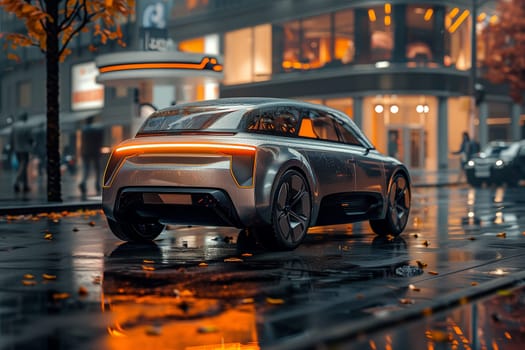 A sleek, futuristic car navigates a city street under heavy rain, creating reflections on the wet asphalt while the headlights illuminate the surroundings.