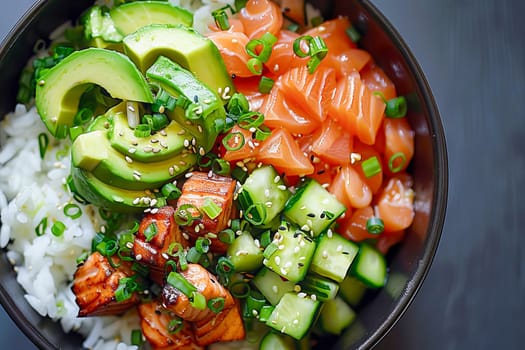 Bowl with salmon, avocado and other ingredients. Healthy food concept.