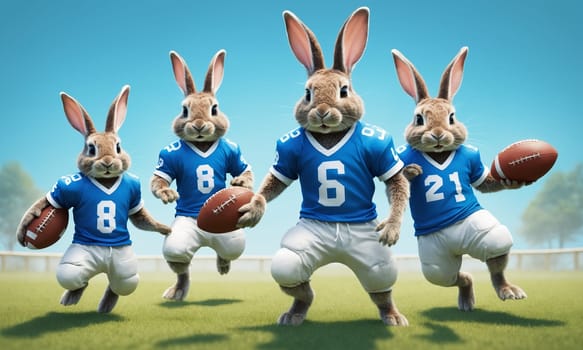 Rabbit soccer team on blue background, 3d rendering. Computer digital drawing
