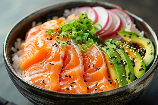 Bowl with salmon, avocado and other ingredients. Healthy food concept.