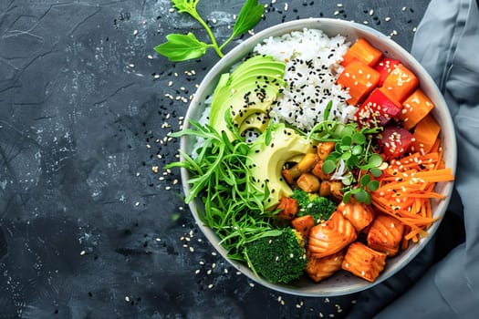 Bowl with salmon, avocado and other ingredients. Healthy food concept.