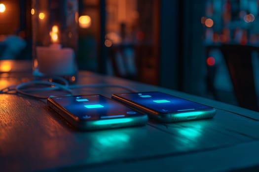 Two modern cell phones laying flat on a wooden table surface.