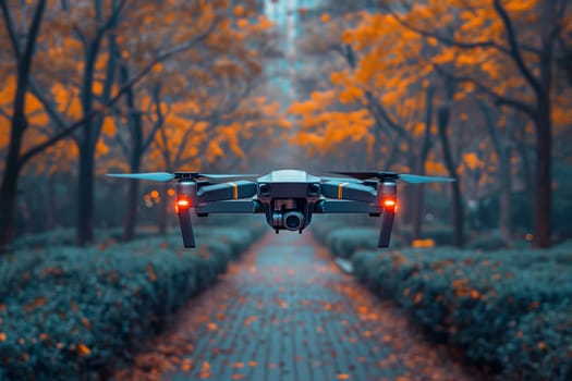 A black and white camera drone hovers above a dense forest, capturing the landscape below with a birds eye view.