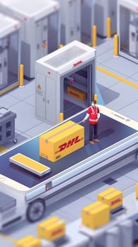 A man is standing on a conveyor belt with a yellow box labeled DHL. The box contains Toy motor vehicles designed with Lego pieces for urban engineering