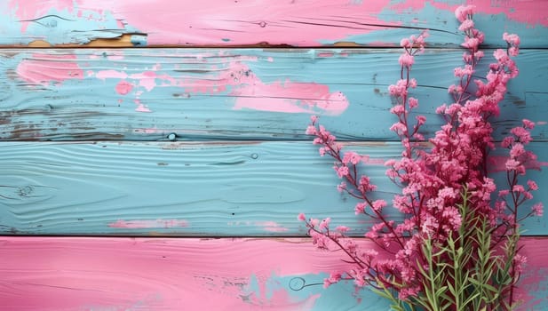 Spring blossoms on rustic wooden background. Floral border with pink wildflowers creating a soft, romantic scene perfect for Mothers Day or seasonal greeting cards