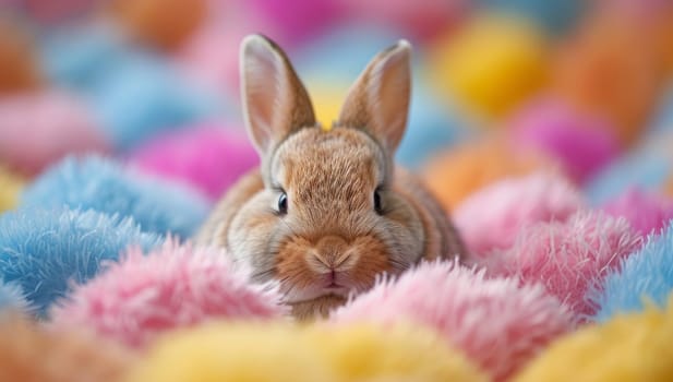 Adorable bunny nestled in soft, colorful Easter eggs and fluff