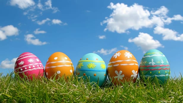 Colorful Easter eggs nestled in green grass against blue sky. Spring holiday celebration concept with decorated painted eggs on meadow.