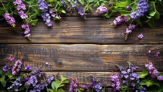 Vibrant purple lilac flowers on rustic wooden background. Spring floral border or frame with fresh blooming lilacs and green leaves. Concept of nature, gardening, and seasonal blossoms