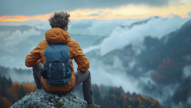 Hiker admiring scenic mountain landscape at sunset, exploring the great outdoors