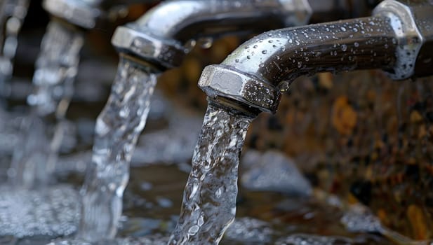 Water flowing from outdoor faucet tap. Refreshing natural stream, environmental conservation concept.