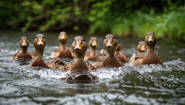 Ducklings swimming together in a stream, enjoying nature and wildlife