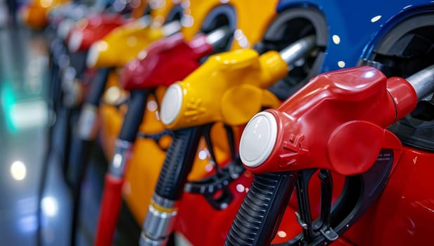 Row of various colored gas pump nozzles in a gas station. Concept of transportation, fuel, energy, and the environment.