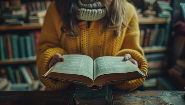 Student studying in library surrounded by books. Concept of education, knowledge, and learning