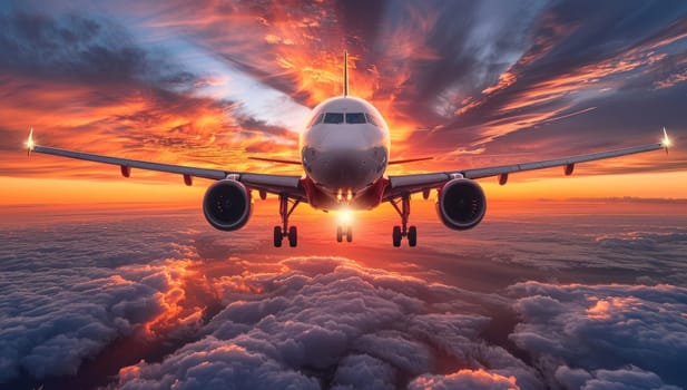 Airplane soaring above clouds at dramatic sunset, majestic aerial view of aircraft flying in vibrant sky. Concept of travel, adventure, and exploration