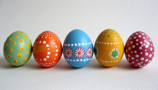 A row of five painted Easter eggs in bright colors with floral and polka dot designs.