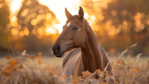 Majestic horse portrait in golden autumn field at sunset. Equine beauty and freedom concept in nature landscape