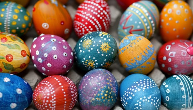 Vibrant collection of hand painted Easter eggs with intricate designs and patterns