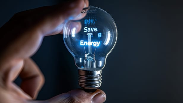 Conceptual image of a hand holding a lightbulb with the words Save energy