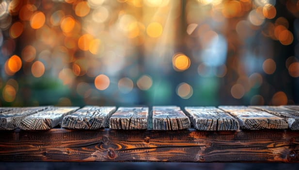 Rustic wooden table with blurred festive lights background. Holiday season concept with copy space for product display or text