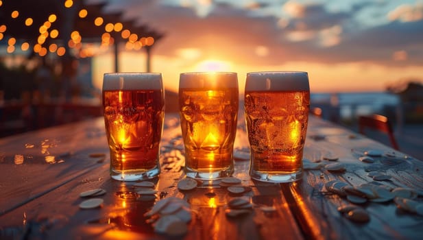 Refreshing beer after work. Three glasses of cold lager beer with foam on wooden table at sunset. Concept of relaxation, friendship and celebration