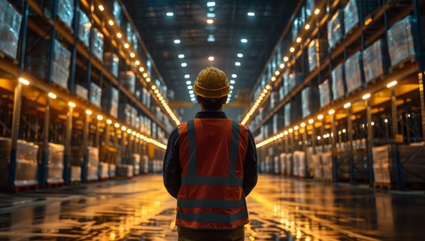 Warehouse worker wearing hard hat and safety vest standing in a large modern warehouse full of shelves with goods. Storage, logistic, import, export, distribution, and shipping concept.