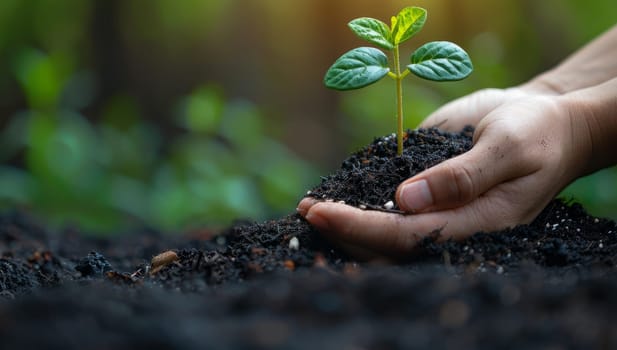 Nurturing Growth, Hands Planting Seedling in Fertile Soil, Symbolizing Environmental Sustainability and New Life