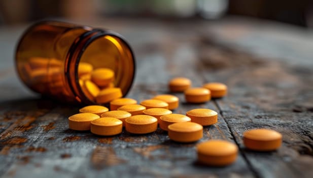 Prescription medication pills spilled from amber bottle on rustic wooden surface. Concept of healthcare, pharmaceuticals, and drug abuse