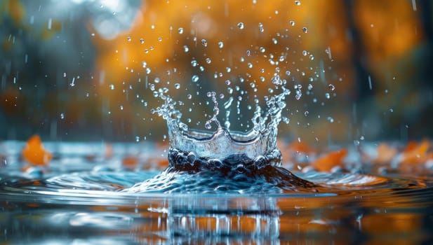 Autumn Splash, Vibrant Raindrops Colliding on Fallen Leaves