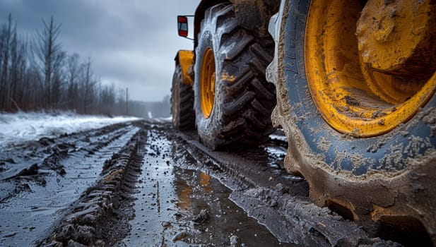 Muddy tractor tire on snowy rural road in winter. Heavy duty vehicle wheel tread tracks on dirt path through barren landscape.