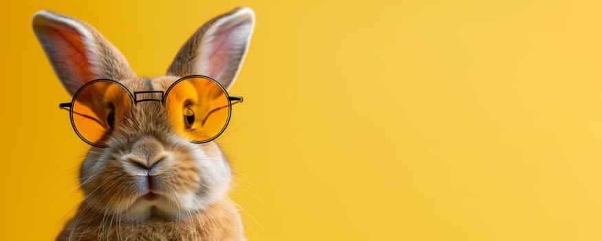 Bunny wearing funny glasses on yellow background. Humorous rabbit portrait with copy space.