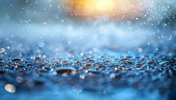 Glistening water droplets on reflective surface with sunlight and bokeh, abstract nature background. Concept of purity, freshness, and serenity.