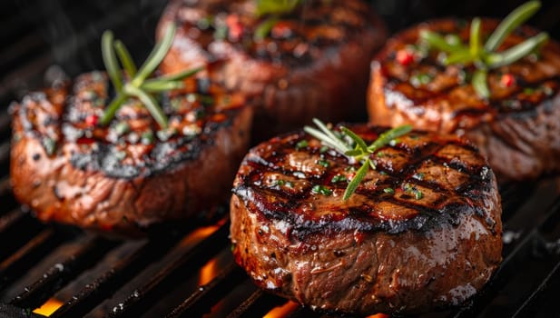 Juicy grilled beef steaks with herbs on flaming barbecue grill. Delicious meat cooking outdoors.