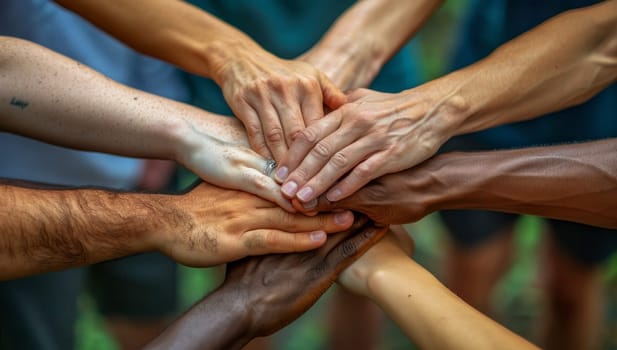 Unity teamwork collaboration hands together diverse group. Concept of support, togetherness, and cooperation in community or organization