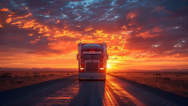 Truck driving on highway towards fiery sunset horizon. Freight transportation journey across vast landscape.