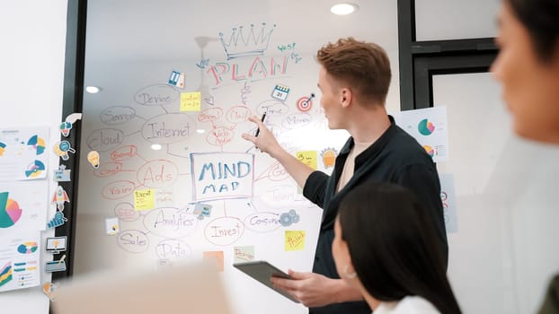 Professional male leader presents start up project by using mind map, colorful sticky notes and business statistic graph with confident while investor listening carefully. Immaculate.