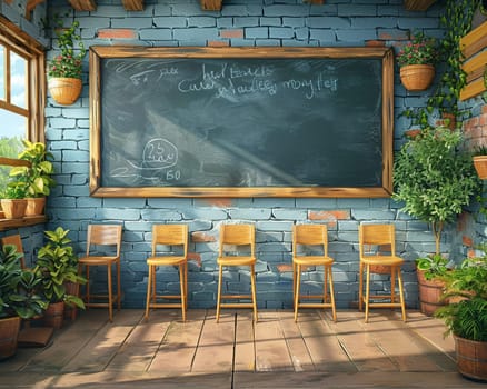 School classroom with empty chairs and chalkboard, symbolizing education and learning.