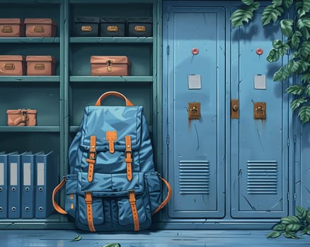 School backpack with books and supplies against a locker, symbolizing education and student life.