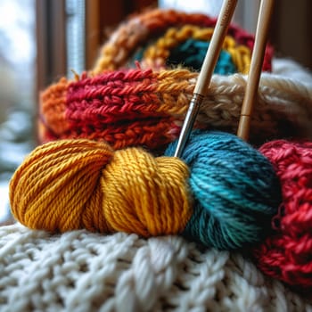 Knitting needles and colorful yarn crafting a warm scarf, symbolizing comfort and handmade art