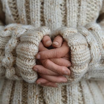 Fingers entwined in knitting, illustrating the craft and comfort of creating.