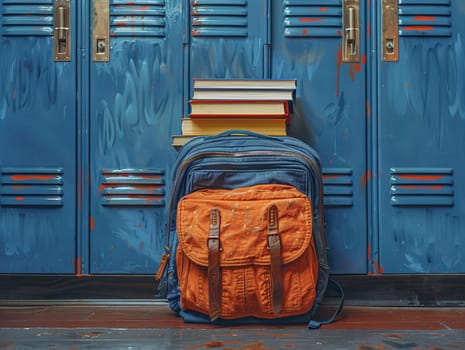 School backpack with books and supplies against a locker, symbolizing education and student life.