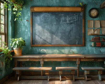 School classroom with empty chairs and chalkboard, symbolizing education and learning.